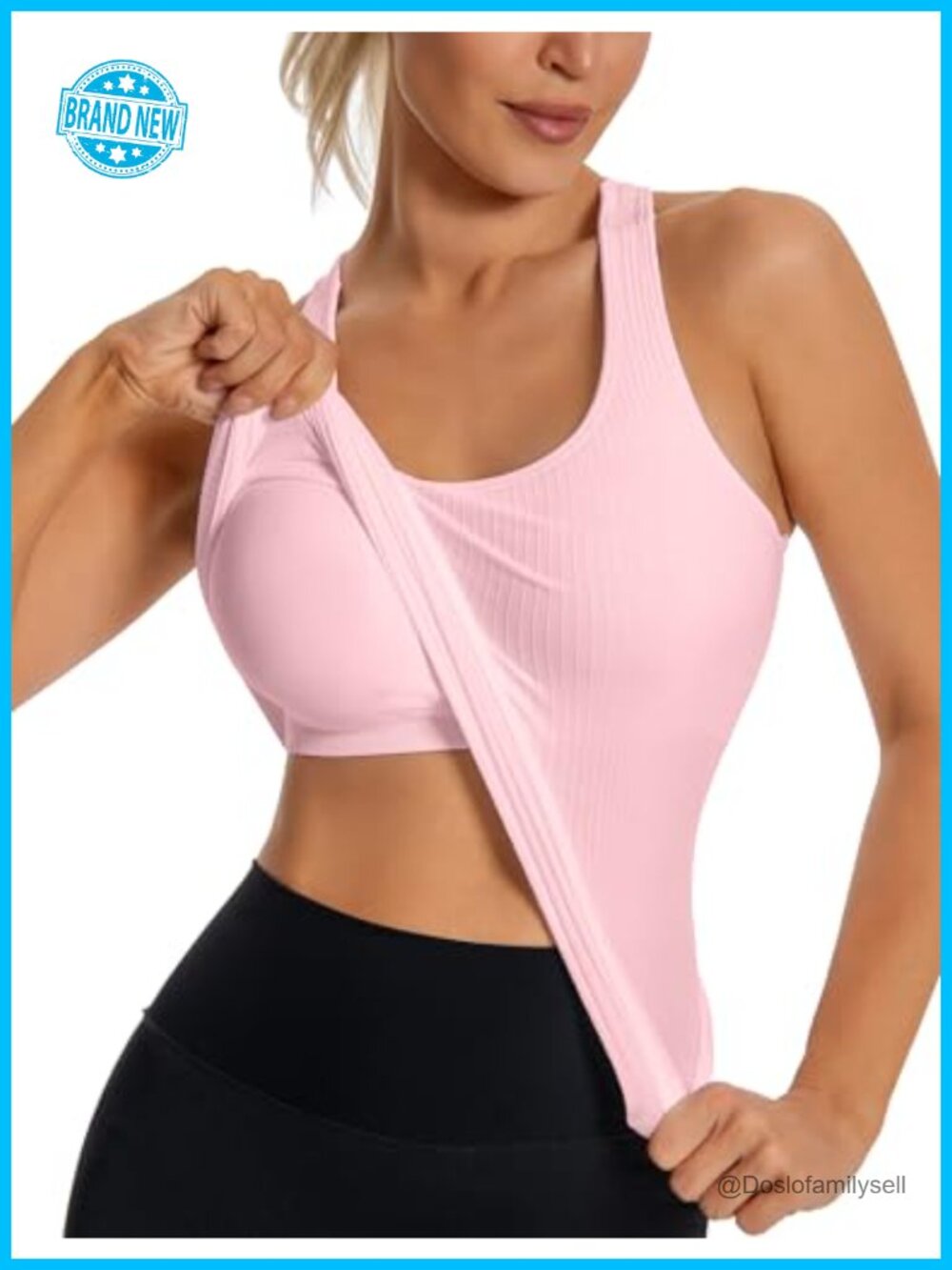Ribbed Seamless Workout Tank Top Built in Bra Racerback Gym Yoga